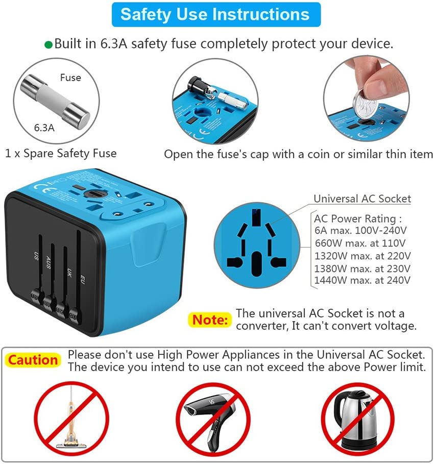 SAUNORCH Universal International Travel Power Adapter W/Smart High Speed 2.4A 4xUSB Wall Charger, European Adapter, Worldwide AC Outlet Plugs Adapters for Europe, UK, US, AU, Asia-Blue - Image 5
